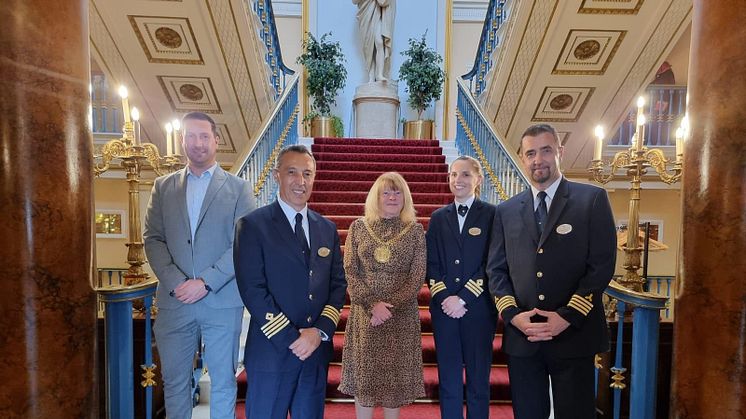 From L-R: Head of Cruise Liverpool John Mawer, Fred. Olsen Captain Victor Stoica, Lord Mayor Mary Rasmussen, Senior Officer Abbie Sanders and Chief Engineer Marko Cvjetkovic.