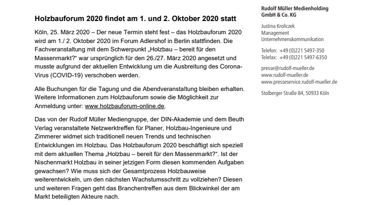 Holzbauforum 2020 findet am 1. und 2. Oktober 2020 statt