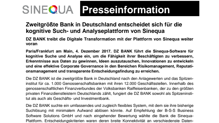 Zweitgrößte Bank in Deutschland entscheidet sich für die kognitive Such- und Analyseplattform von Sinequa