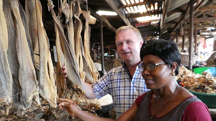 Jon Edvard Johansen inspiserer norsk tørrfisk på marked i Lagos