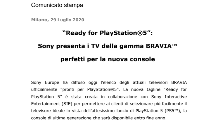 “Ready for PlayStation®5”:  Sony presenta i TV della gamma BRAVIA™ perfetti per la nuova console 