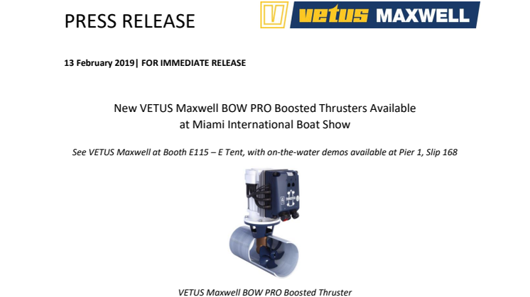 New VETUS Maxwell BOW PRO Boosted Thrusters Available at Miami International Boat Show
