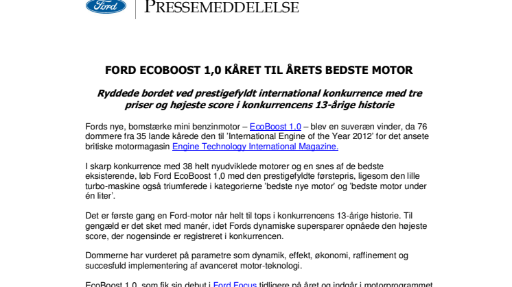 FORD ECOBOOST 1,0 KÅRET TIL ÅRETS BEDSTE MOTOR