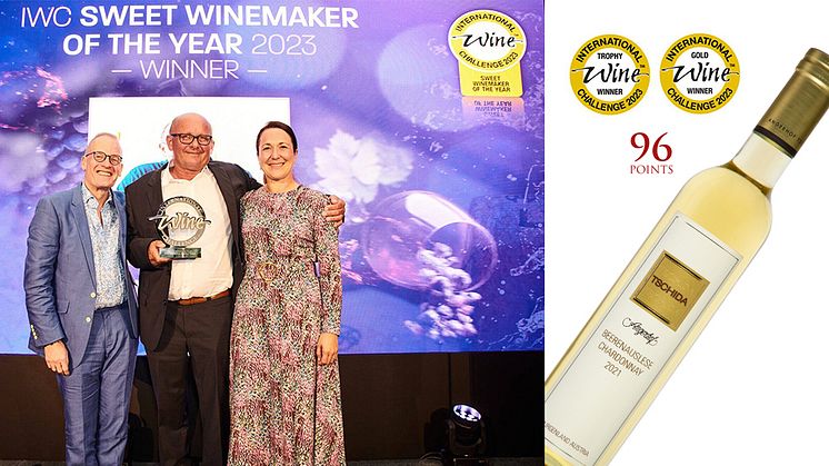 Hans Tschida med dotter Daniela tar för nioende gången emot priset "Sweet Winemaker of the Year" av Tim Atkin på IWC 2023