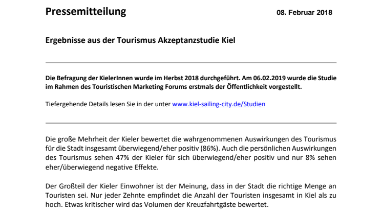 Ergebnisse der Tourismusakzeptanz Studie Kiel