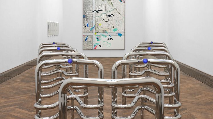 INFORMATION (Today), Kunsthalle Basel, 2021, view on Marguerite Humeau, Riddles (Jaws), 2017–2021 (front) and Laura Owens, Untitled [SMS +41 79 807 86 34], 2021 (back). Photo: Philipp Hänger / Kunsthalle Basel