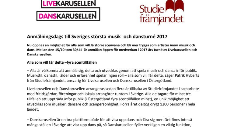 Anmälningsdags till Sveriges största musik- och dansturné