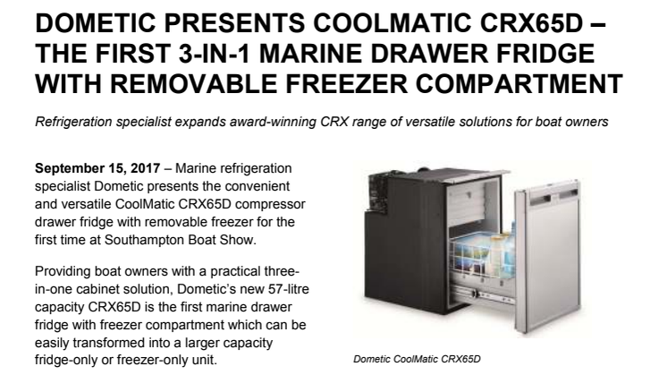 Dometic Presents Coolmatic CRX65D – The First 3-in-1 Marine Drawer Fridge with Removable Freezer Compartment