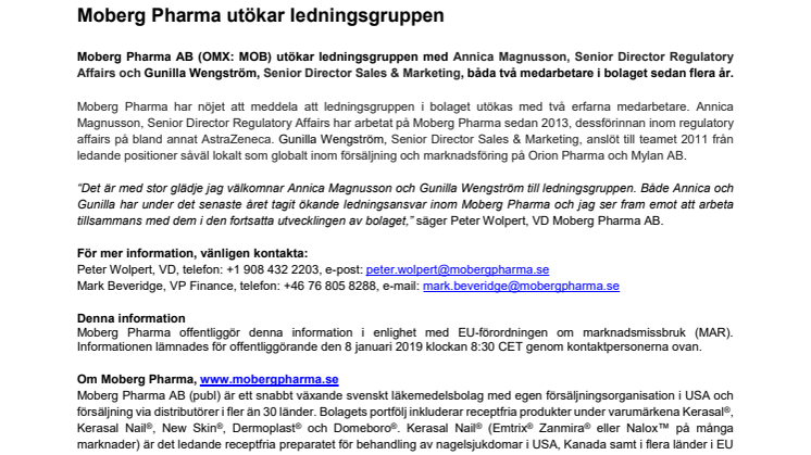 Moberg Pharma utökar ledningsgruppen