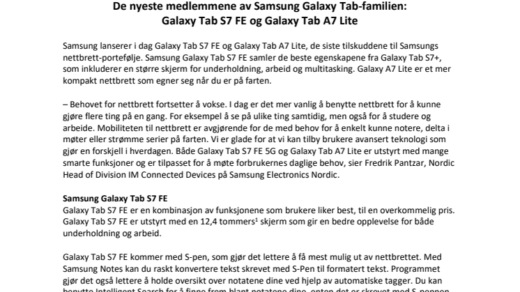 De nyeste medlemmene av Samsung Galaxy Tab-familien: Galaxy Tab S7 FE og Galaxy Tab A7 Lite