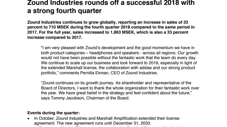 Zound Industries rounds off a successful 2018 with a strong fourth quarter