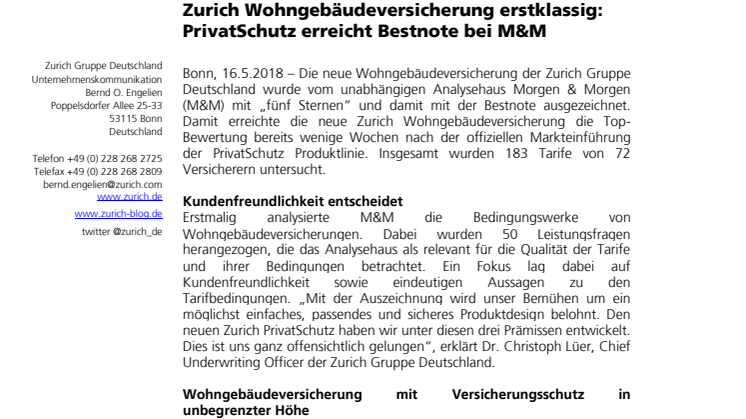 Zurich Wohngebäudeversicherung erstklassig: PrivatSchutz erreicht Bestnote bei M&M