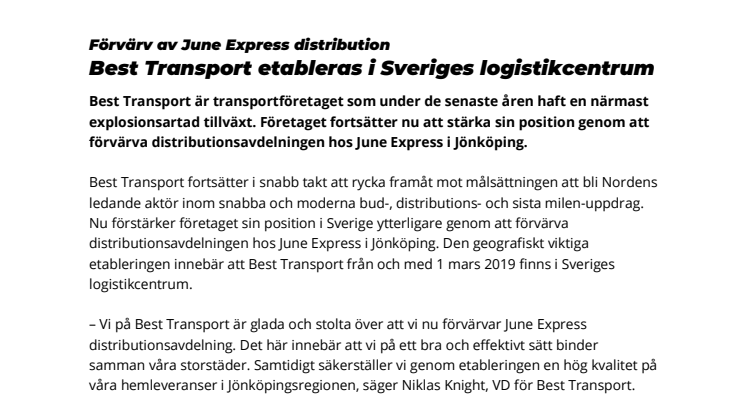 Best Transport etableras i Sveriges logistikcentrum