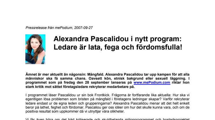 Alexandra Pascalidou i nytt program: Ledare är lata, fega och fördomsfulla!