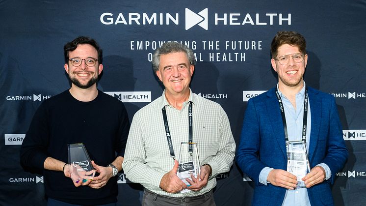 Die Gewinner der Garmin Health Awards: v.l.n.r. Maximilian Notter, Co-CEO Humanoo; Ricardo Groppo, CEO Sleep Advice Technologies SRL; Motti Blum, Co-Founder & CEO Blueroom powered by Real Response.