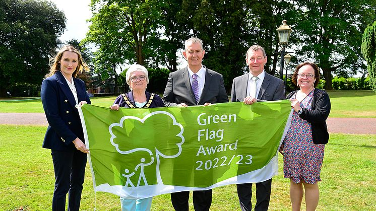 Mid &East Antrim's Green Flag Awards are received by Vanessa Postle, Dep Mayor Cllr Beth Adger and Claire Duddy
