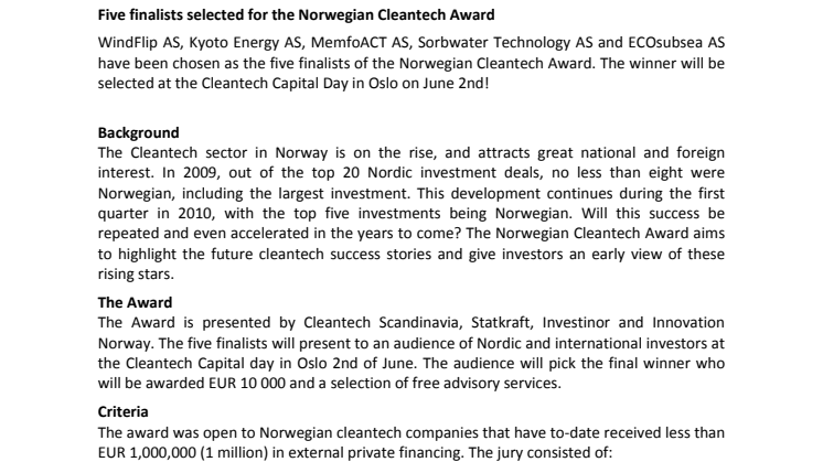 Five finalists selected for the Norwegian Cleantech Award
