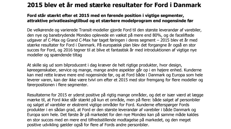 2015 blev et år med stærke resultater for Ford i Danmark