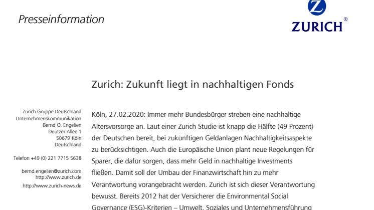 Zurich: Zukunft liegt in nachhaltigen Fonds