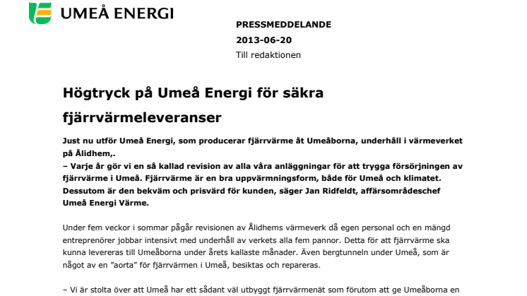 Högtryck på Umeå Energi för säkra fjärrvärmeleveranser