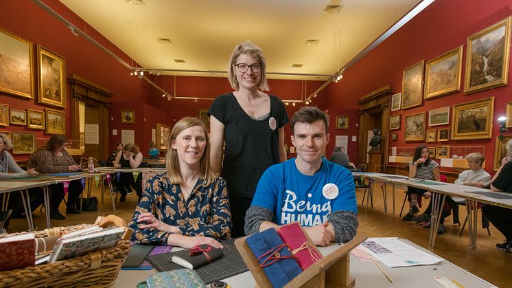 From l-r: Bookbinder Alexandra Marsden, Dr Claudine Van Hensbergen and Dr Gareth Roddy at the Books as Treasures event at the Shipley Art Gallery in Gateshead.
