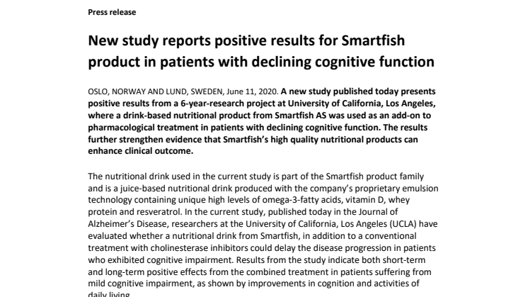 New study reports positive results for Smartfish product in patients with declining cognitive function