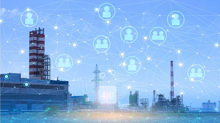 Image of an energy station with an overlay of icons of people that are interconnected with lines. (Royalty-free stock photo ID 1521445094)