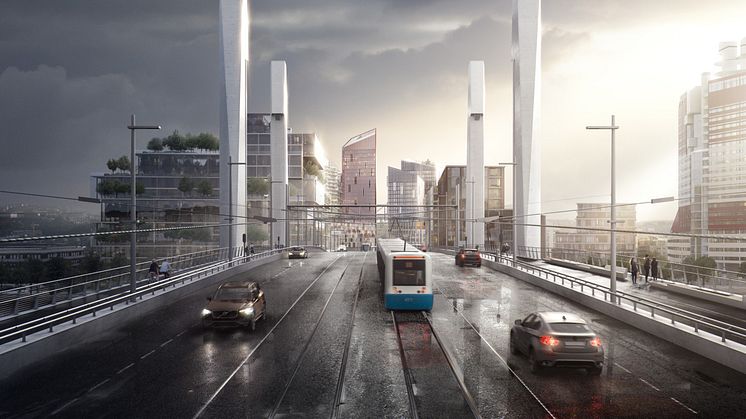 Vision Image: Autonomous vehicles and trams on the New Hising Island Bridge. Photograph: Uncredited/City Planning Authority, City of Gothenburg)