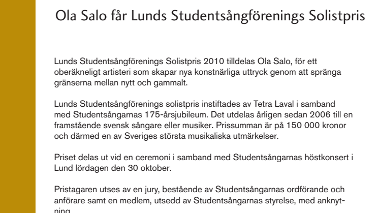 Ola Salo får Lunds studentsångares solistpris