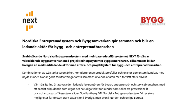 Nordiska Entreprenadsystem och Byggsamverkan går samman och blir en ledande aktör för bygg- och entreprenadbranschen