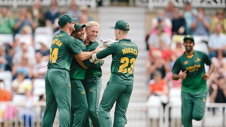 Current NatWest T20 Blast title holders Notts Outlaws celebrate a  wicket in last season's competition