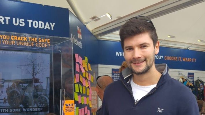 James Bubb won an Ocean Signal rescueME MOB1 in the RNLI's Crack the Code Safe giveaway at Southampton Boat Show