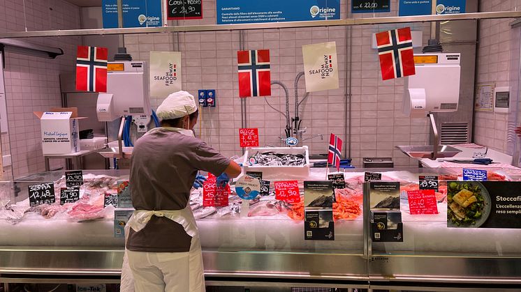 Slik kan det se ut når norsk sjømat fremheves i utlandet. Her fra en fiskedisk i Italia