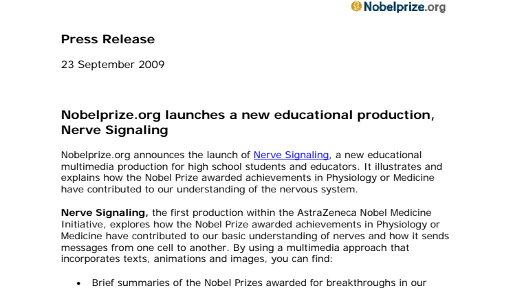 Nobelprize.org launches a new educational production, Nerve Signaling