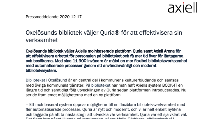 Oxelösunds bibliotek väljer Quria® för att effektivisera sin verksamhet