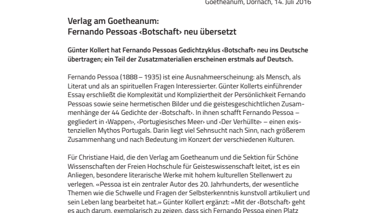 Verlag am Goetheanum: Fernando Pessoas ‹Botschaft› neu übersetzt