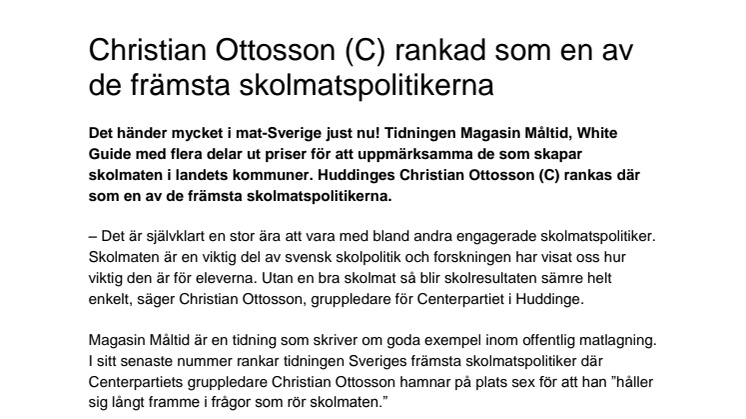 Christian Ottosson (C) rankad som en av de främsta skolmatspolitikerna