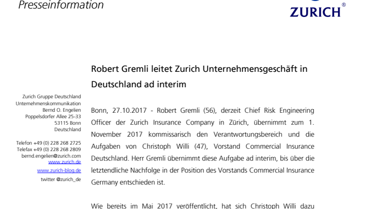 Robert Gremli leitet Zurich Unternehmensgeschäft in Deutschland ad interim