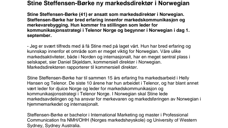 Stine Steffensen-Børke ny markedsdirektør i Norwegian