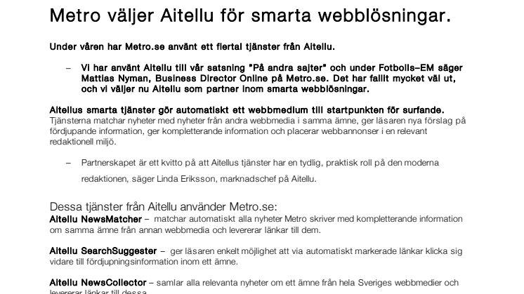 Metro väljer Aitellu för smarta webblösningar.