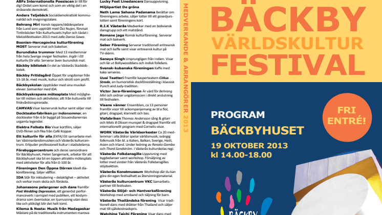 Program för Bäckby världskulturfestival 19 oktober 2013
