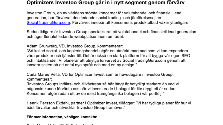 Optimizers Investoo Group går in i nytt segment genom förvärv