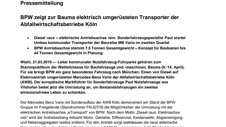 BPW zeigt zur Bauma elektrisch umgerüsteten Transporter der Abfallwirtschaftsbetriebe Köln 