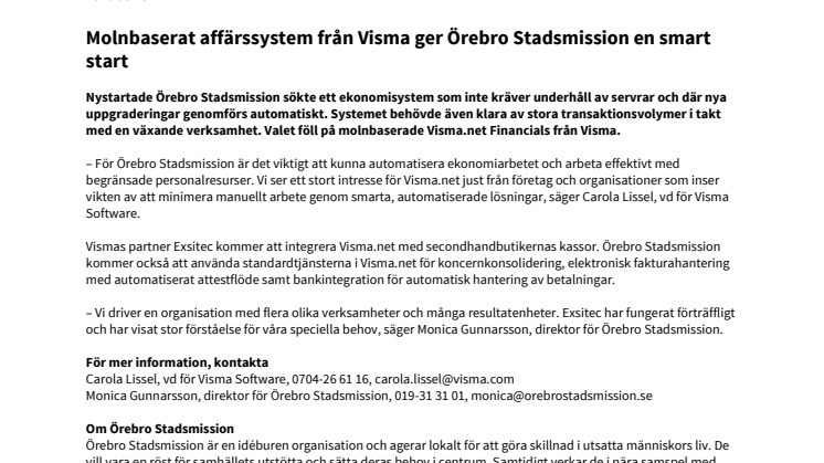 Molnbaserat affärssystem från Visma ger Örebro Stadsmission en smart start