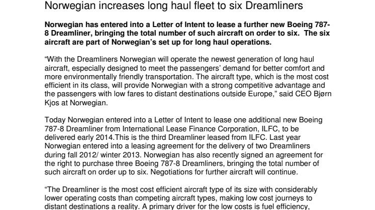 Norwegian increases long haul fleet to six Dreamliners