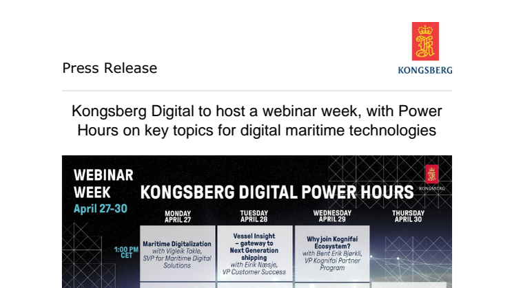 Kongsberg Digital to host a webinar week, with Power Hours on key topics for digital maritime technologies