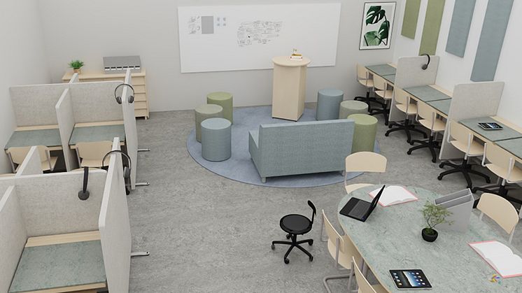 3D-bilden föreställer en möblering enligt Elmemodellen med möbler och inredning från Lekolar skapad av Lekolars inredningsarkitekt.