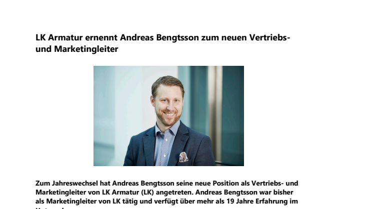 LK Armatur ernennt Andreas Bengtsson zum neuen Vertriebs- und Marketingleiter