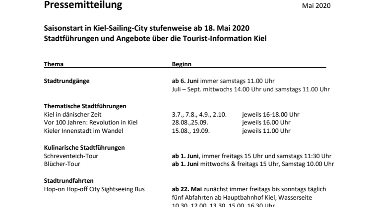 Tourismusstart in Kiel ab 18. Mai mit stufenweisen Angeboten und Führungen 