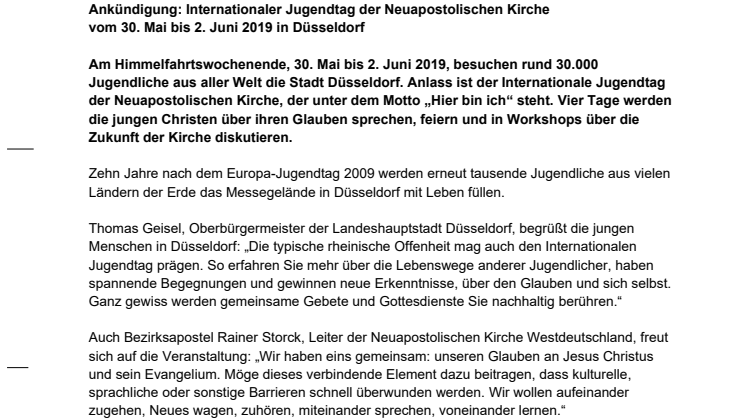 ​Ankündigung: Internationaler Jugendtag vom 30. Mai bis 2. Juni 2019 in Düsseldorf
